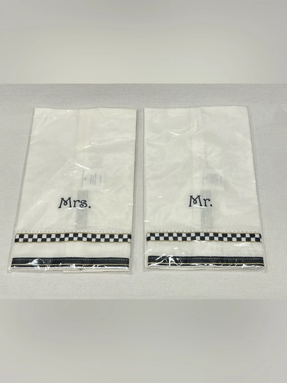 New - Mackenzie Childs KING / QUEEN / MRS / MR cotton/linen guest towel bundle
